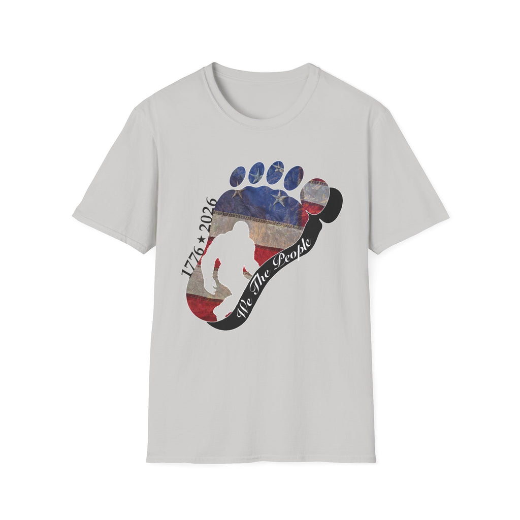 Going Norther Bigfoot T-Shirt — Footprint Silhouette with Distressed Flag & "1776 - 2026 - We The People"