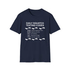 Daily Squatch Texting Codes T-Shirt — Funny Sasquatch Footprint Tee for Bigfoot Fans