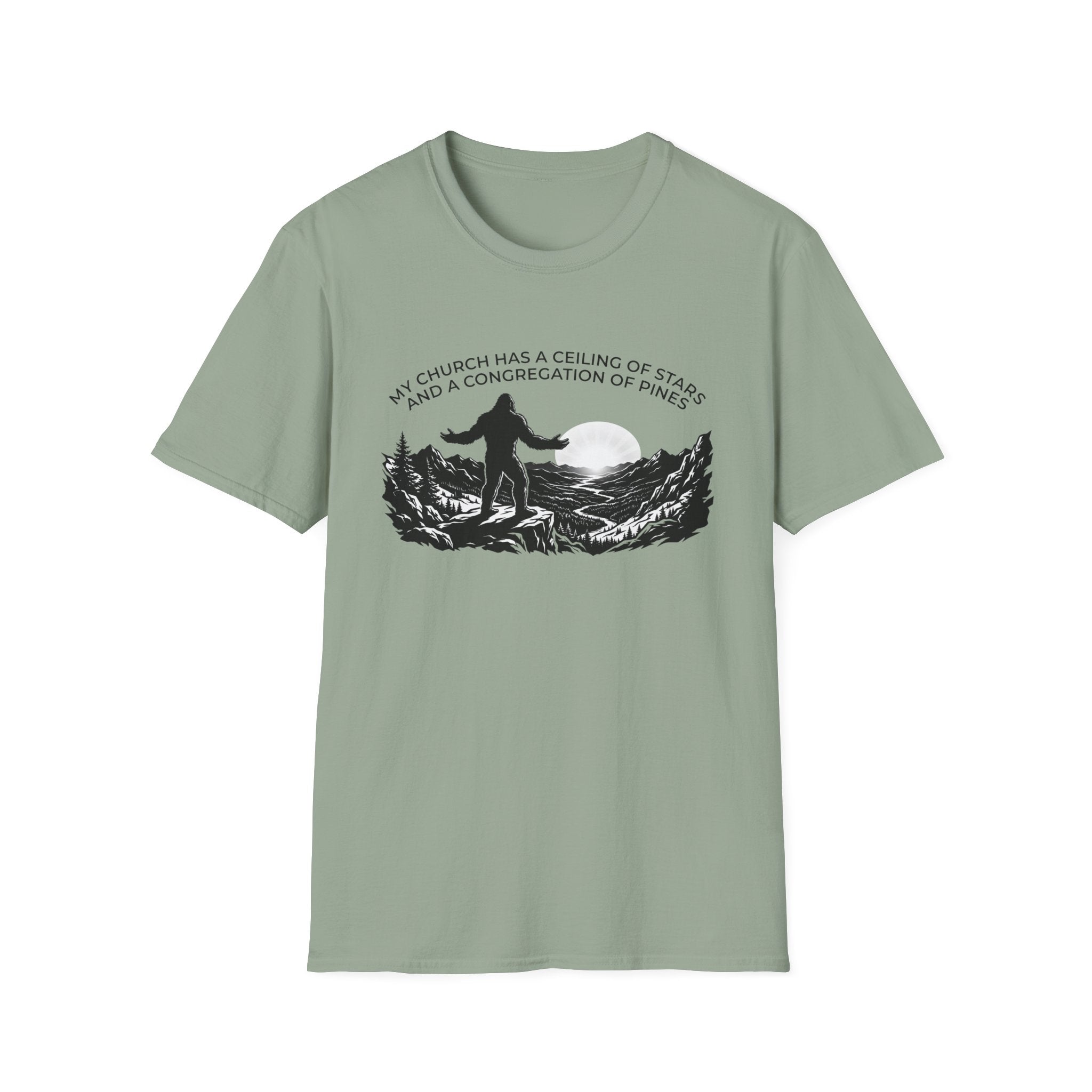 Bigfoot Outdoors Church T-Shirt — "My Church Has a Ceiling of Stars" Scenic Mountain Tee