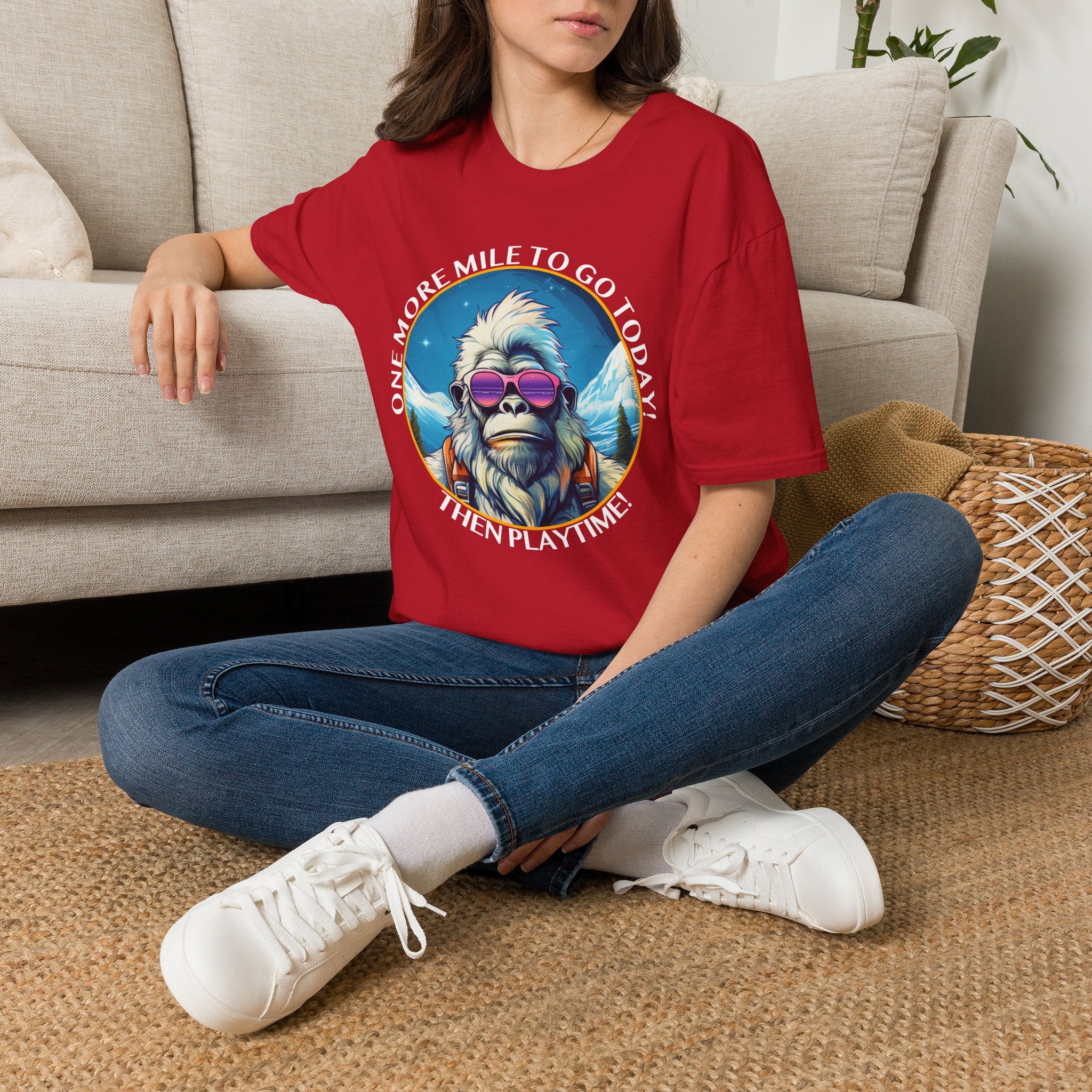Bigfoot Hiking T-Shirt — "One More Mile To Go Today! - Then Playtime!"