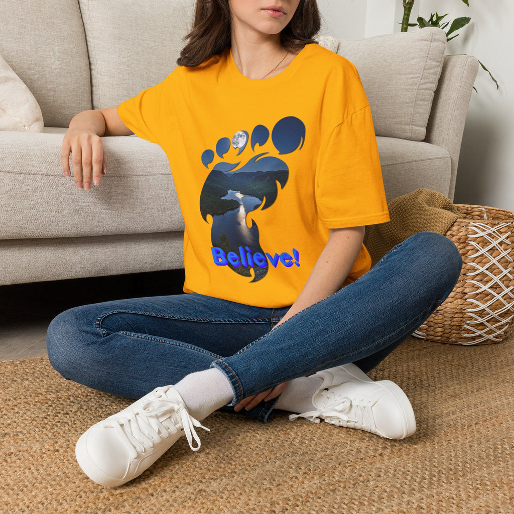 Bigfoot Footprint 'Believe!' Tee — Moonlit Northern Lake Graphic T-Shirt