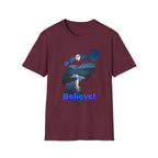 Bigfoot Footprint 'Believe!' Tee — Moonlit Northern Lake Graphic T-Shirt