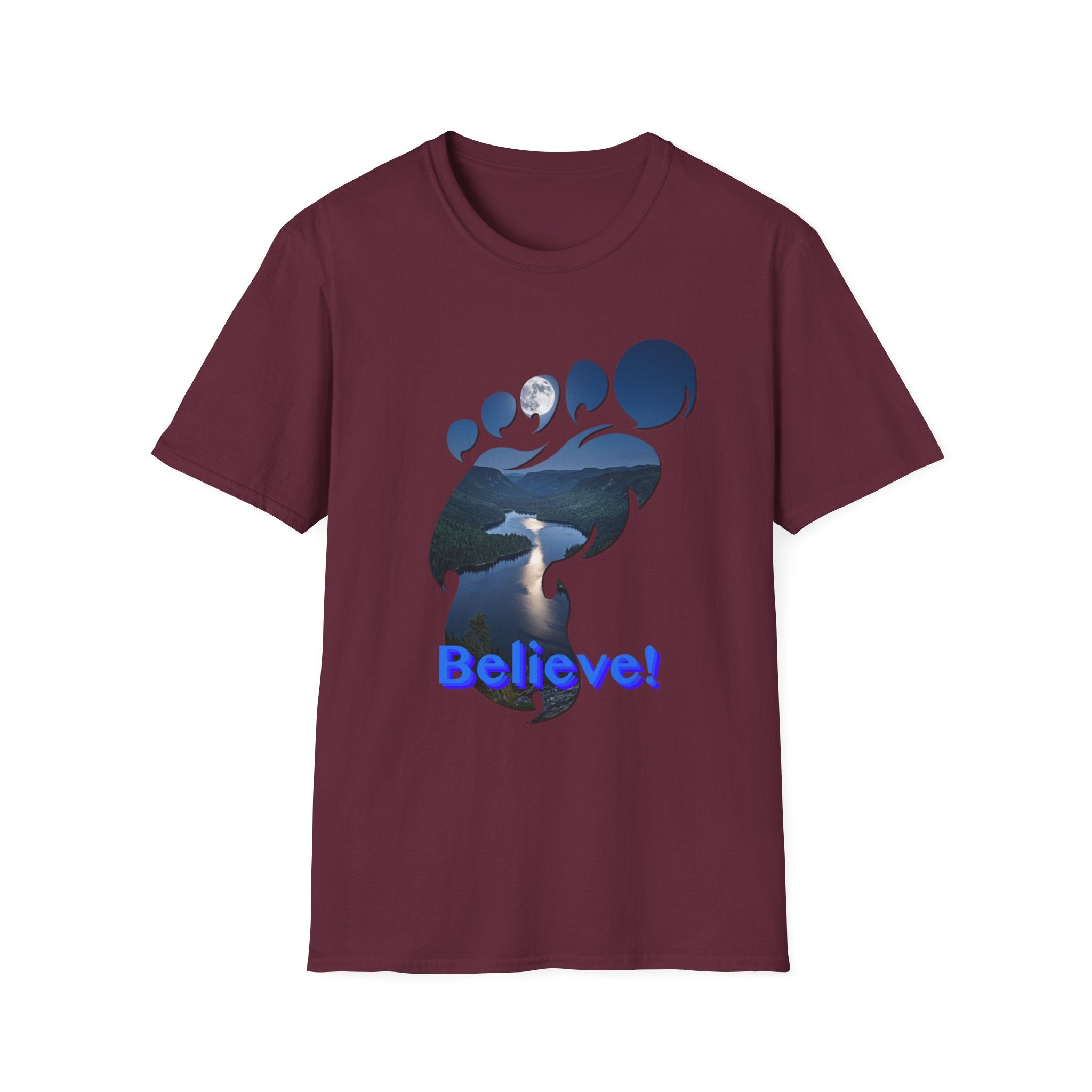 Bigfoot Footprint 'Believe!' Tee — Moonlit Northern Lake Graphic T-Shirt