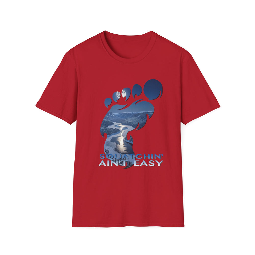 Bigfoot 'Squatchin' Ain't Easy' T-Shirt — Moonlit Winter Lake Sasquatch Tee
