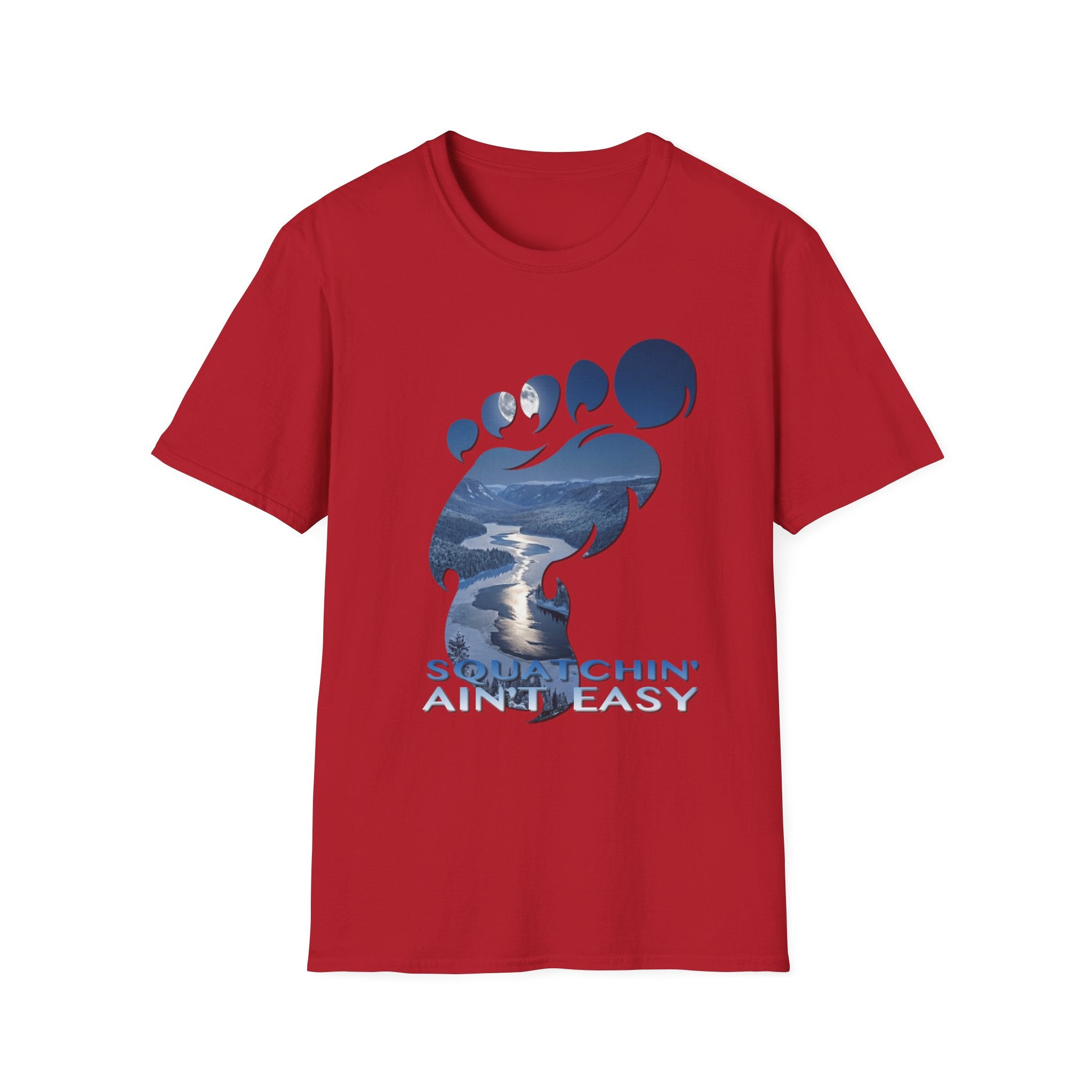 Bigfoot 'Squatchin' Ain't Easy' T-Shirt — Moonlit Winter Lake Sasquatch Tee