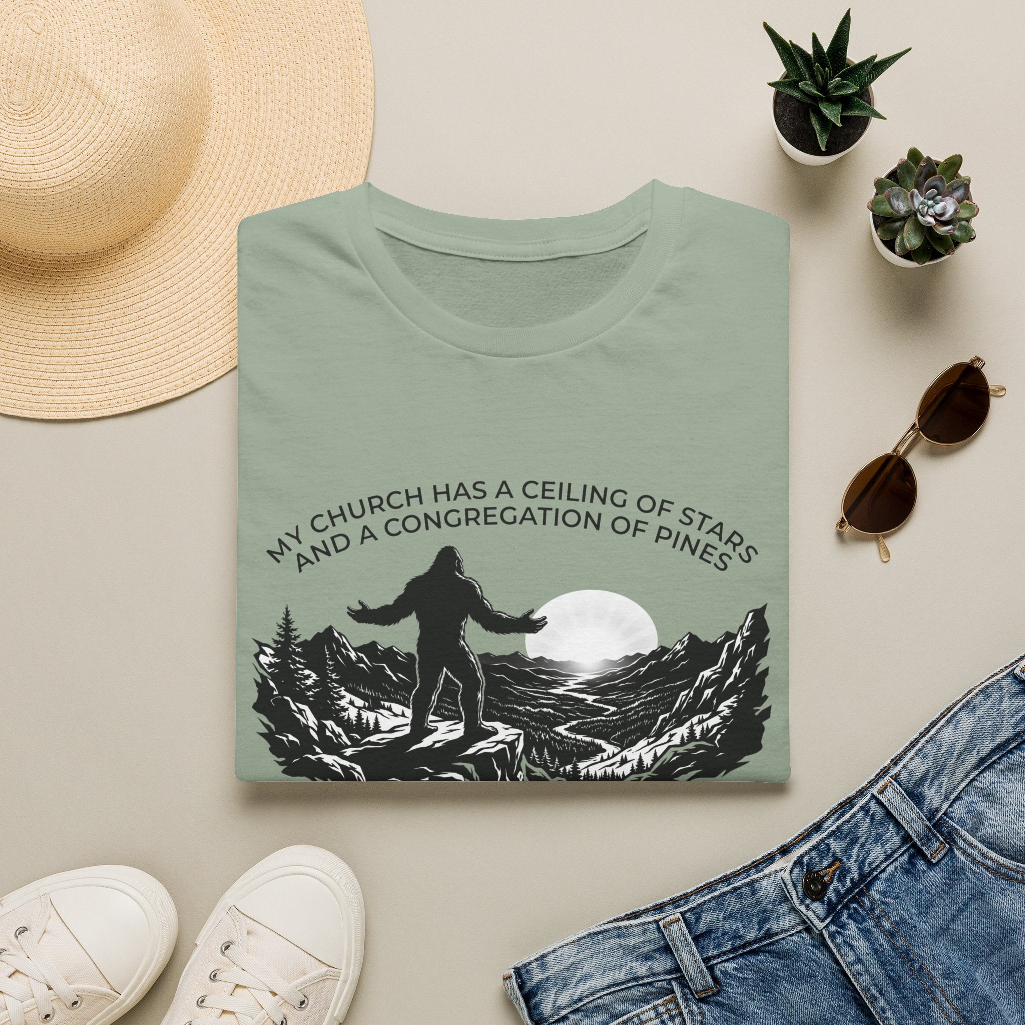 Bigfoot Outdoors Church T-Shirt — "My Church Has a Ceiling of Stars" Scenic Mountain Tee