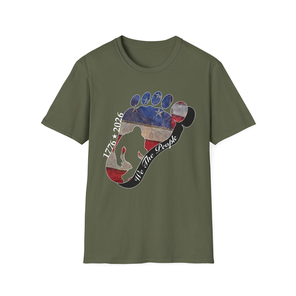Going Norther Bigfoot T-Shirt — Footprint Silhouette with Distressed Flag & "1776 - 2026 - We The People"