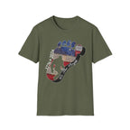 Going Norther Bigfoot T-Shirt — Footprint Silhouette with Distressed Flag & "1776 - 2026 - We The People"