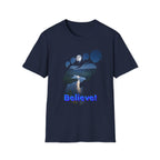 Bigfoot Footprint 'Believe!' Tee — Moonlit Northern Lake Graphic T-Shirt