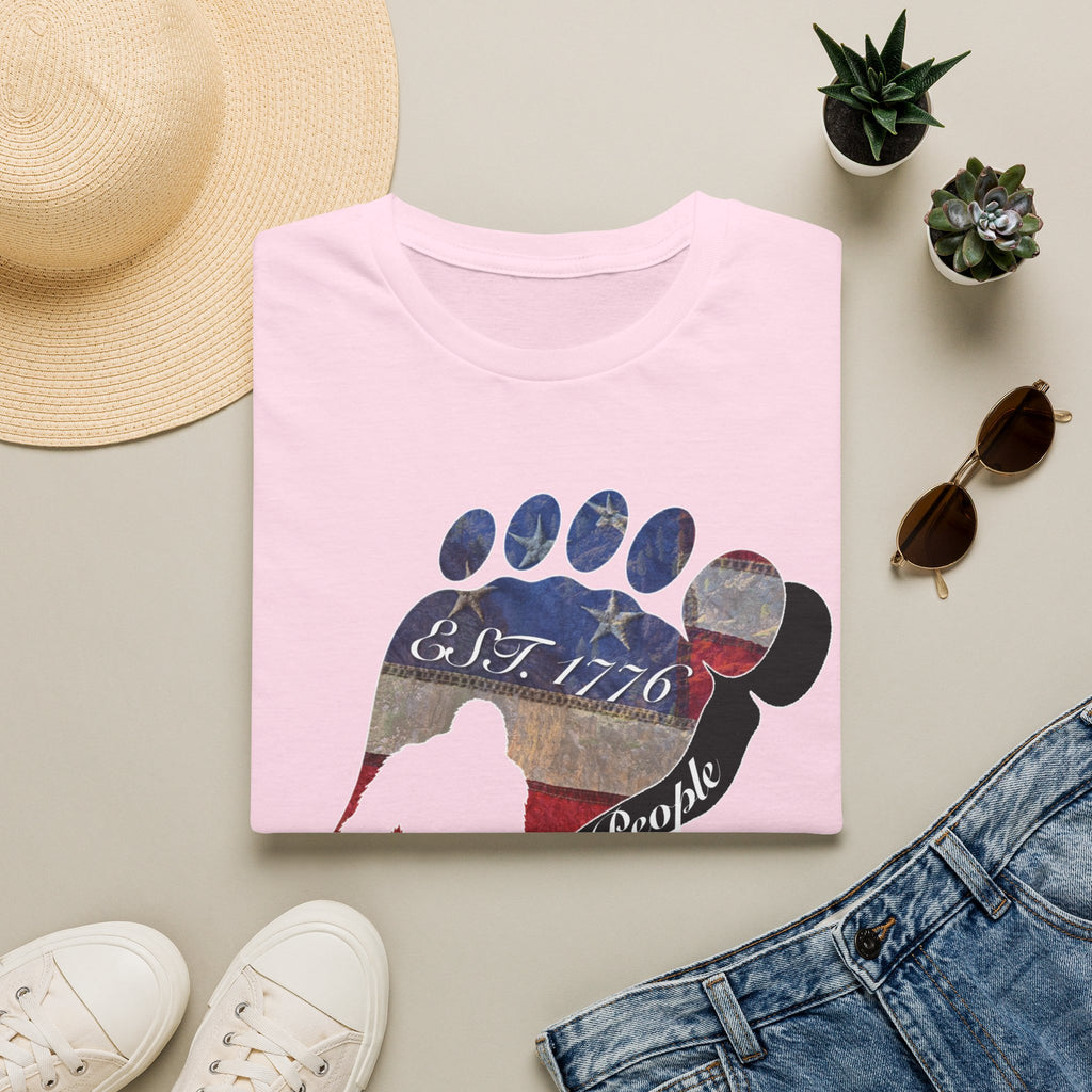 Going Norther Bigfoot T-Shirt — Footprint Silhouette with Distressed Flag "EST. 1776 - We The People"