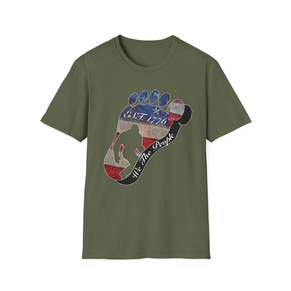 Going Norther Bigfoot T-Shirt — Footprint Silhouette with Distressed Flag "EST. 1776 - We The People"