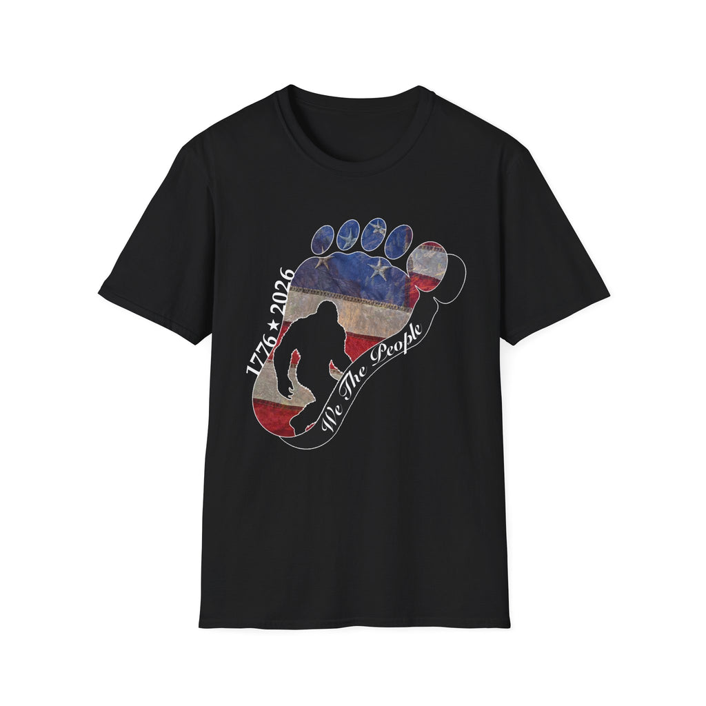 Going Norther Bigfoot T-Shirt — Footprint Silhouette with Distressed Flag & "1776 - 2026 - We The People"