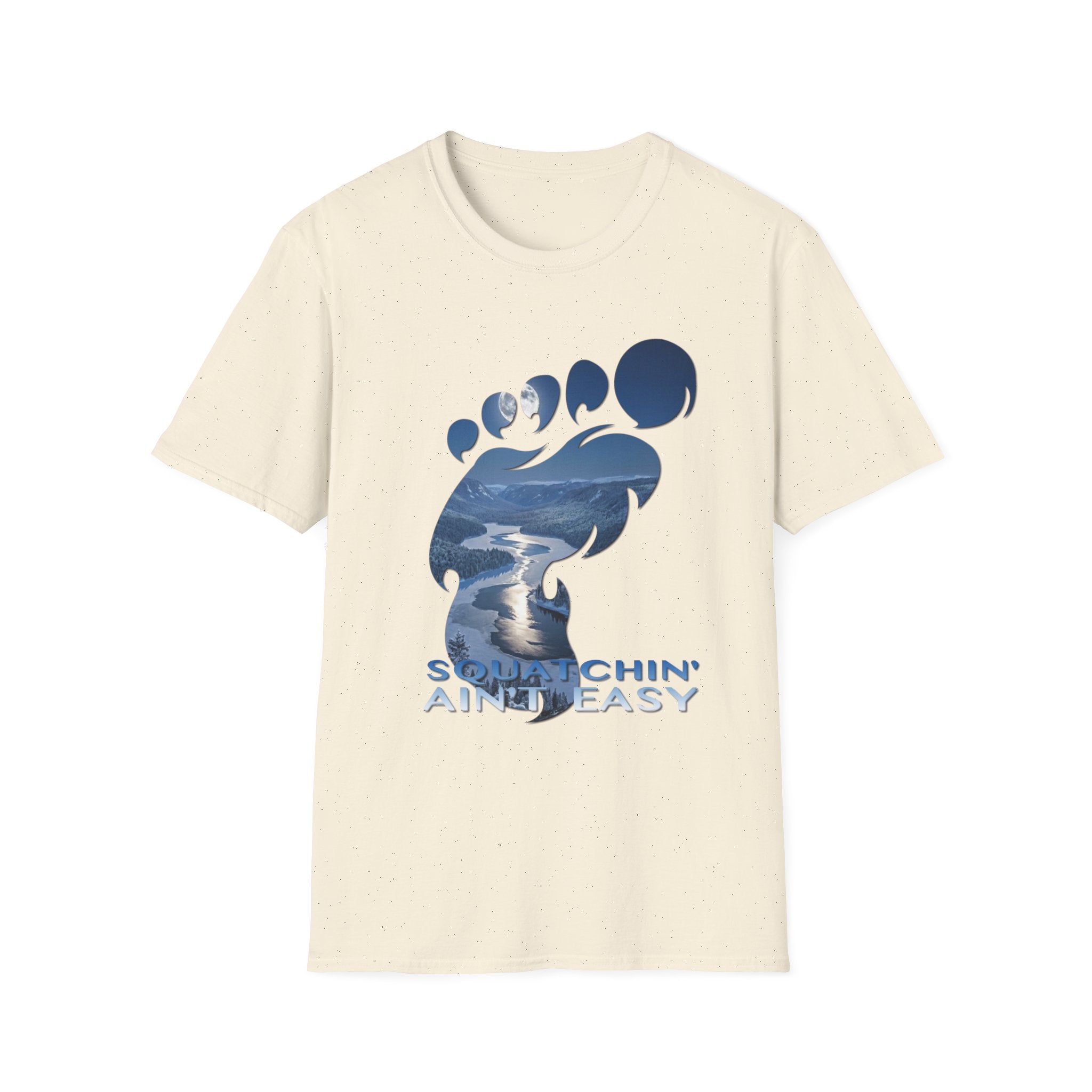 Bigfoot 'Squatchin' Ain't Easy' T-Shirt — Moonlit Winter Lake Sasquatch Tee