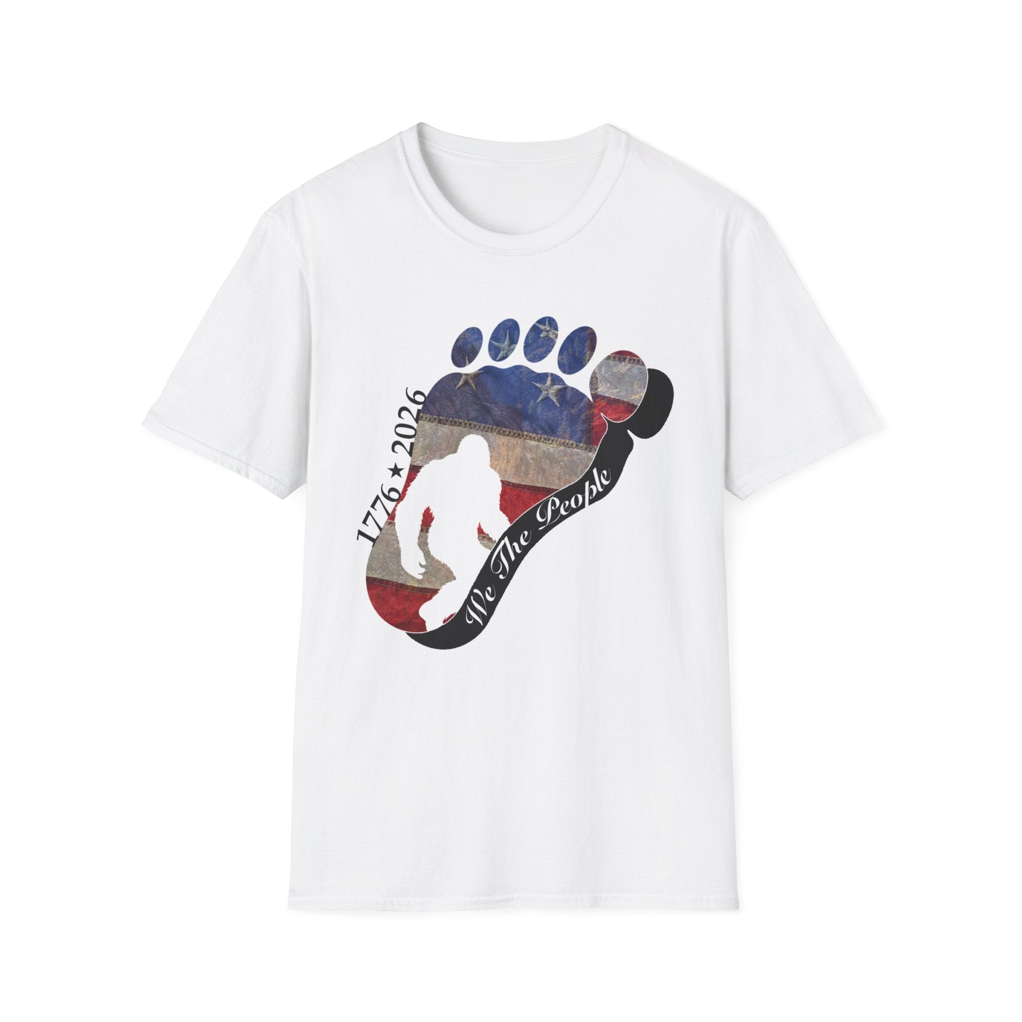 Going Norther Bigfoot T-Shirt — Footprint Silhouette with Distressed Flag & "1776 - 2026 - We The People"