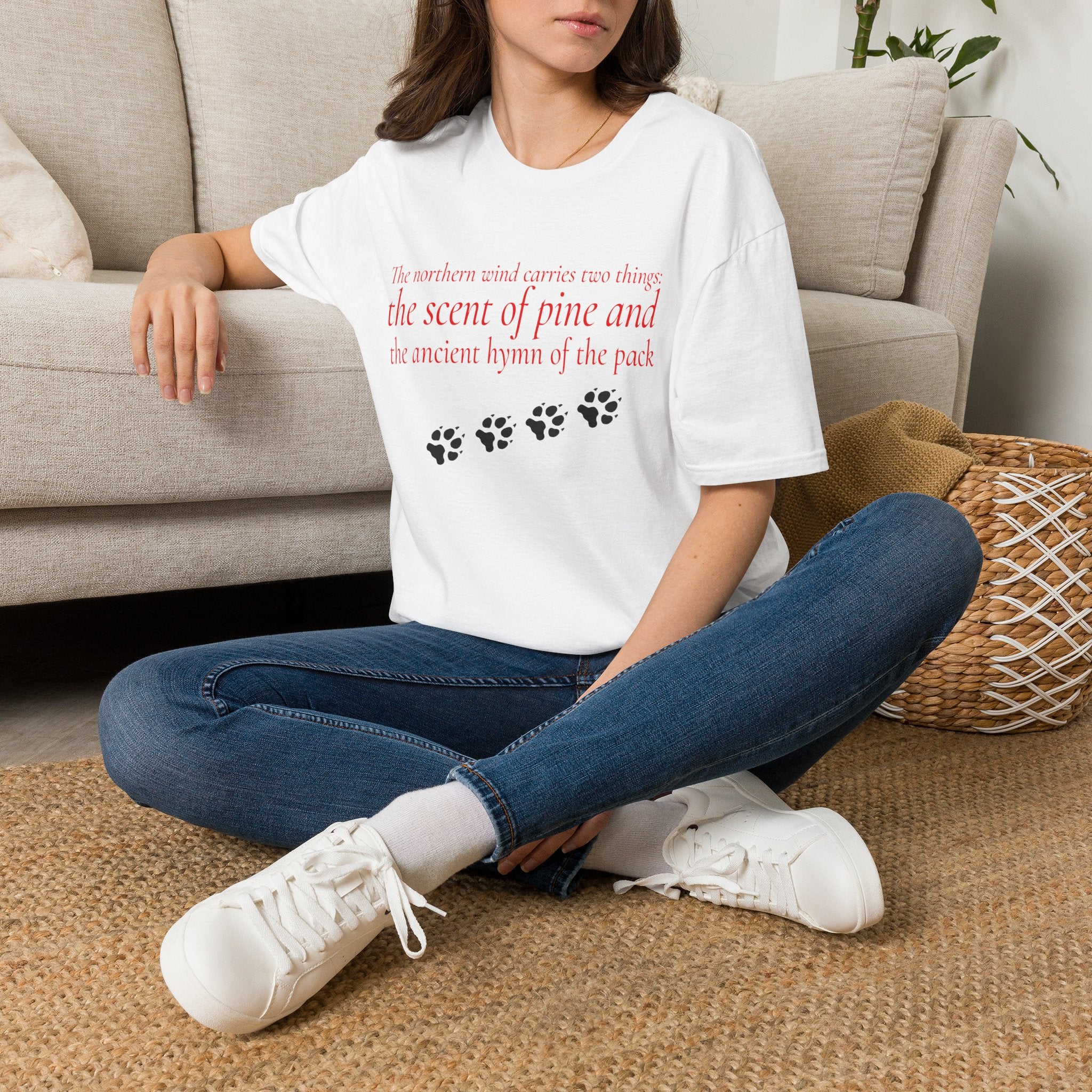 Pine & Pack Wolf Pack Tee — 'The northern wind carries two things' Paw Print Shirt
