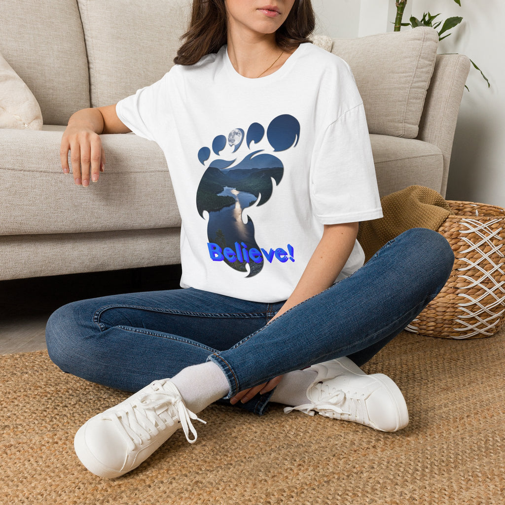 Bigfoot Footprint 'Believe!' Tee — Moonlit Northern Lake Graphic T-Shirt