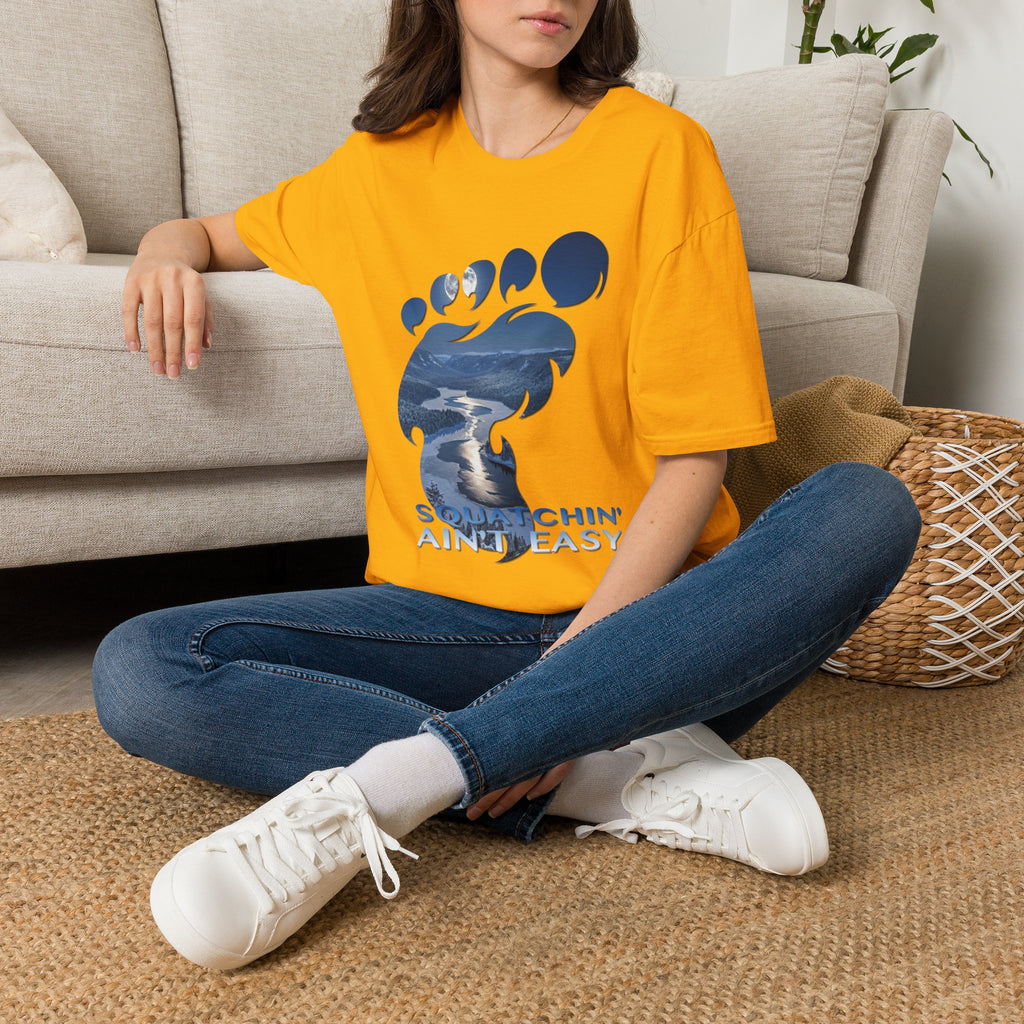 Bigfoot 'Squatchin' Ain't Easy' T-Shirt — Moonlit Winter Lake Sasquatch Tee