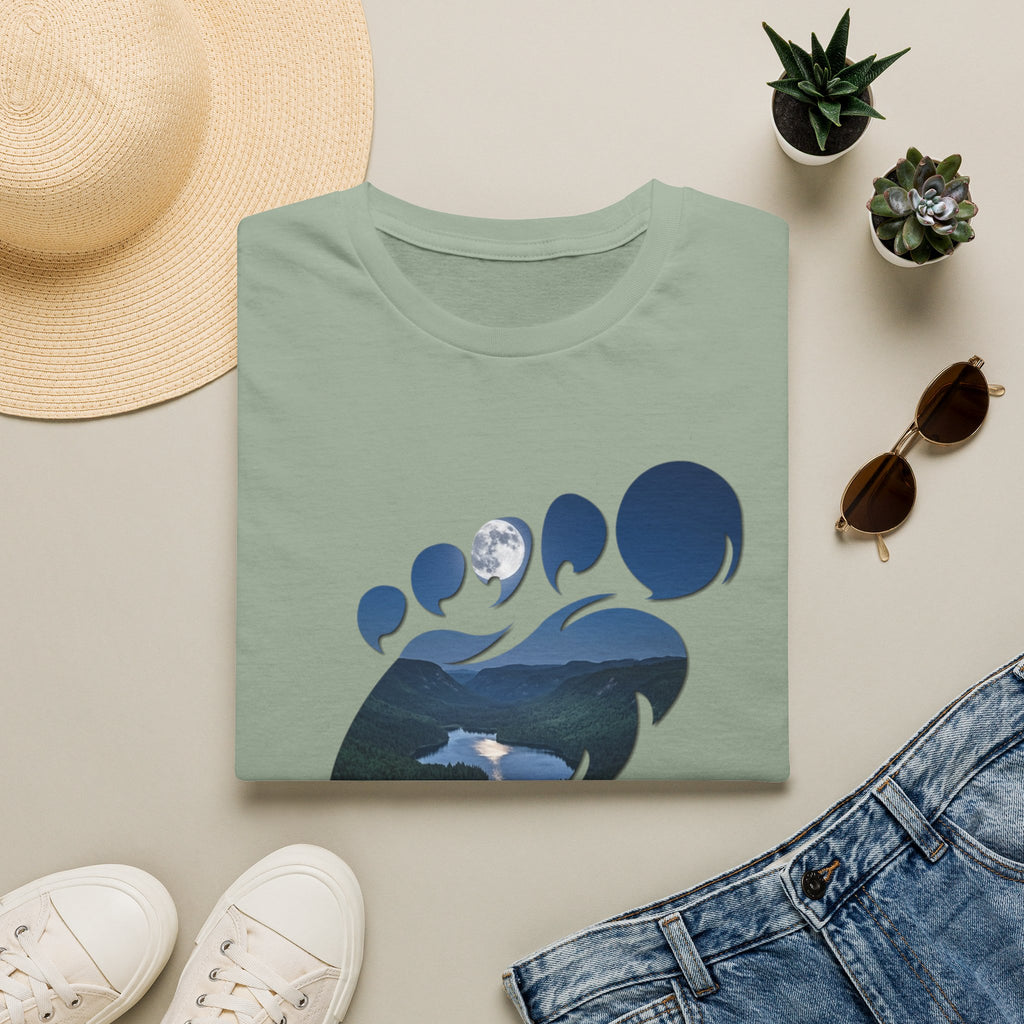 Bigfoot Footprint 'Believe!' Tee — Moonlit Northern Lake Graphic T-Shirt