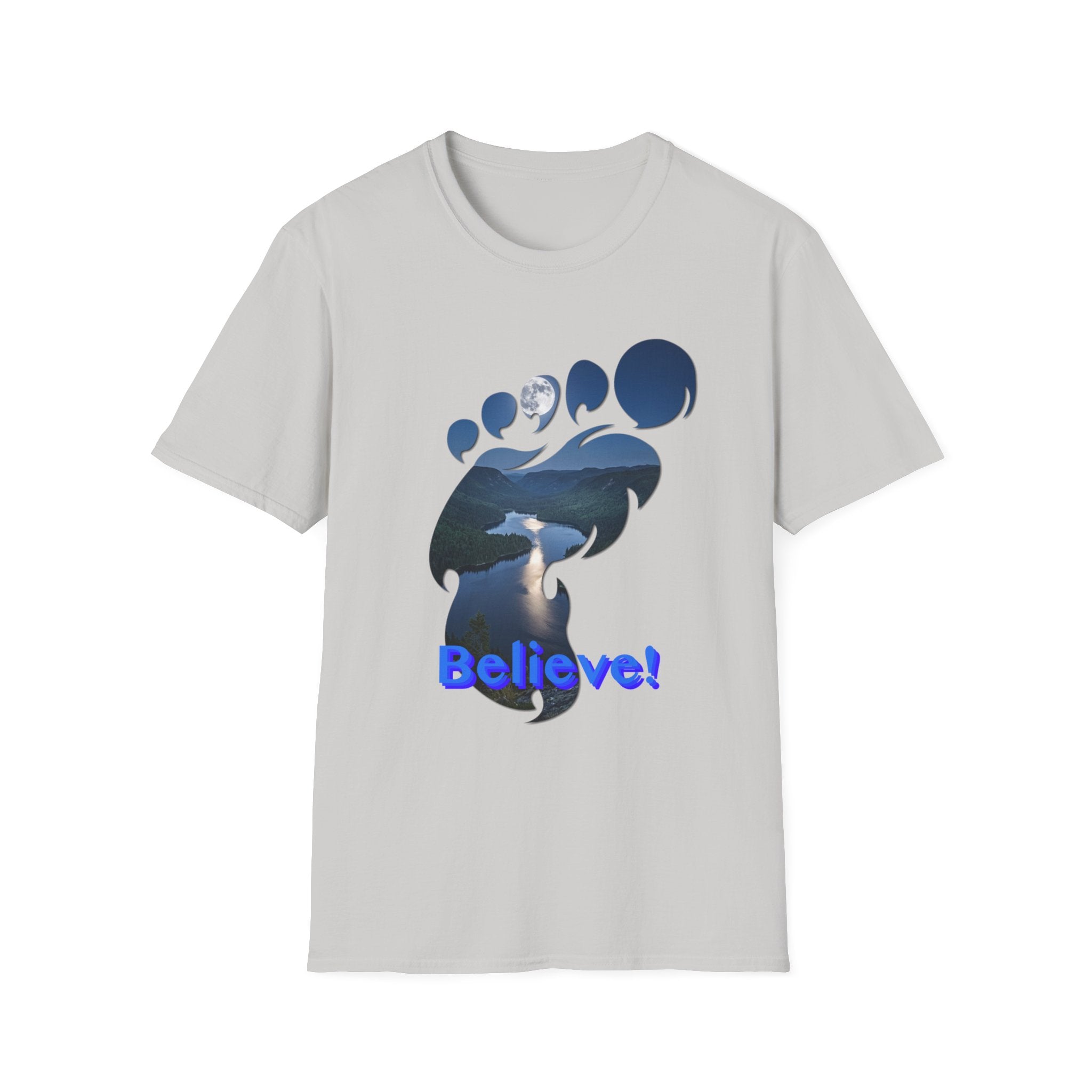 Bigfoot Footprint 'Believe!' Tee — Moonlit Northern Lake Graphic T-Shirt