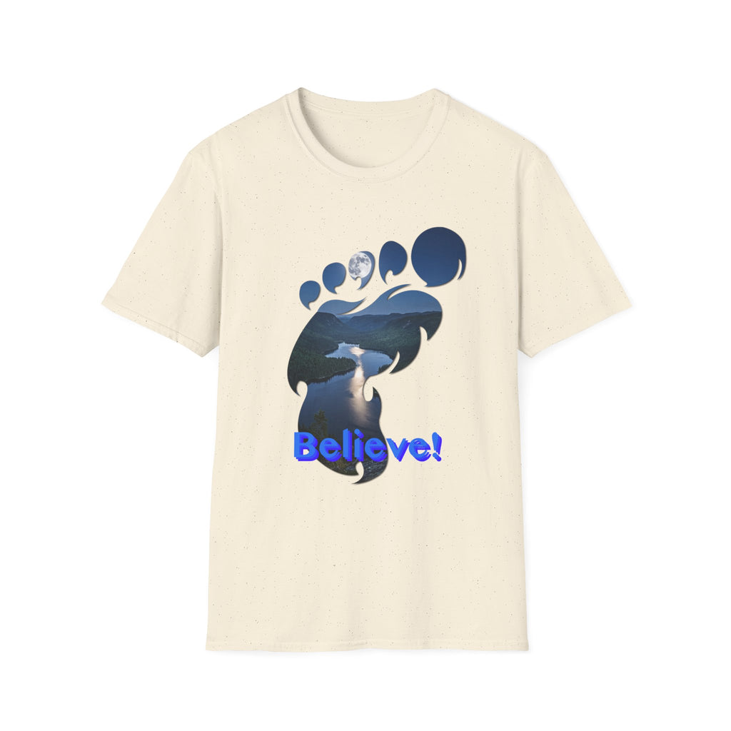 Bigfoot Footprint 'Believe!' Tee — Moonlit Northern Lake Graphic T-Shirt