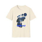 Bigfoot Footprint 'Believe!' Tee — Moonlit Northern Lake Graphic T-Shirt