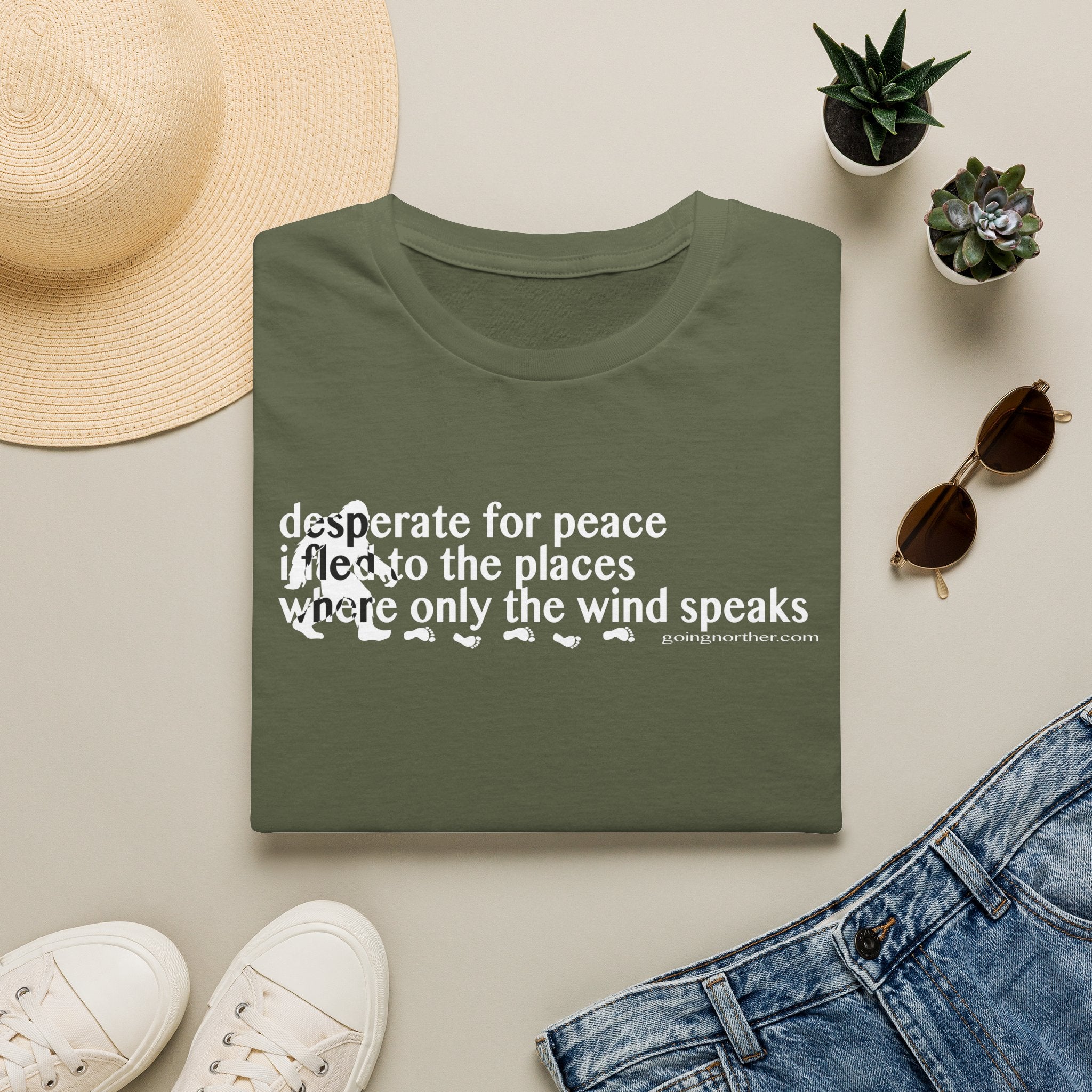 T-Shirt — "Desperate for Peace" Minimalist Text "Bigfoot" Tee