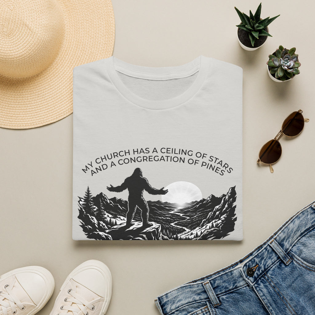 Bigfoot Outdoors Church T-Shirt — "My Church Has a Ceiling of Stars" Scenic Mountain Tee