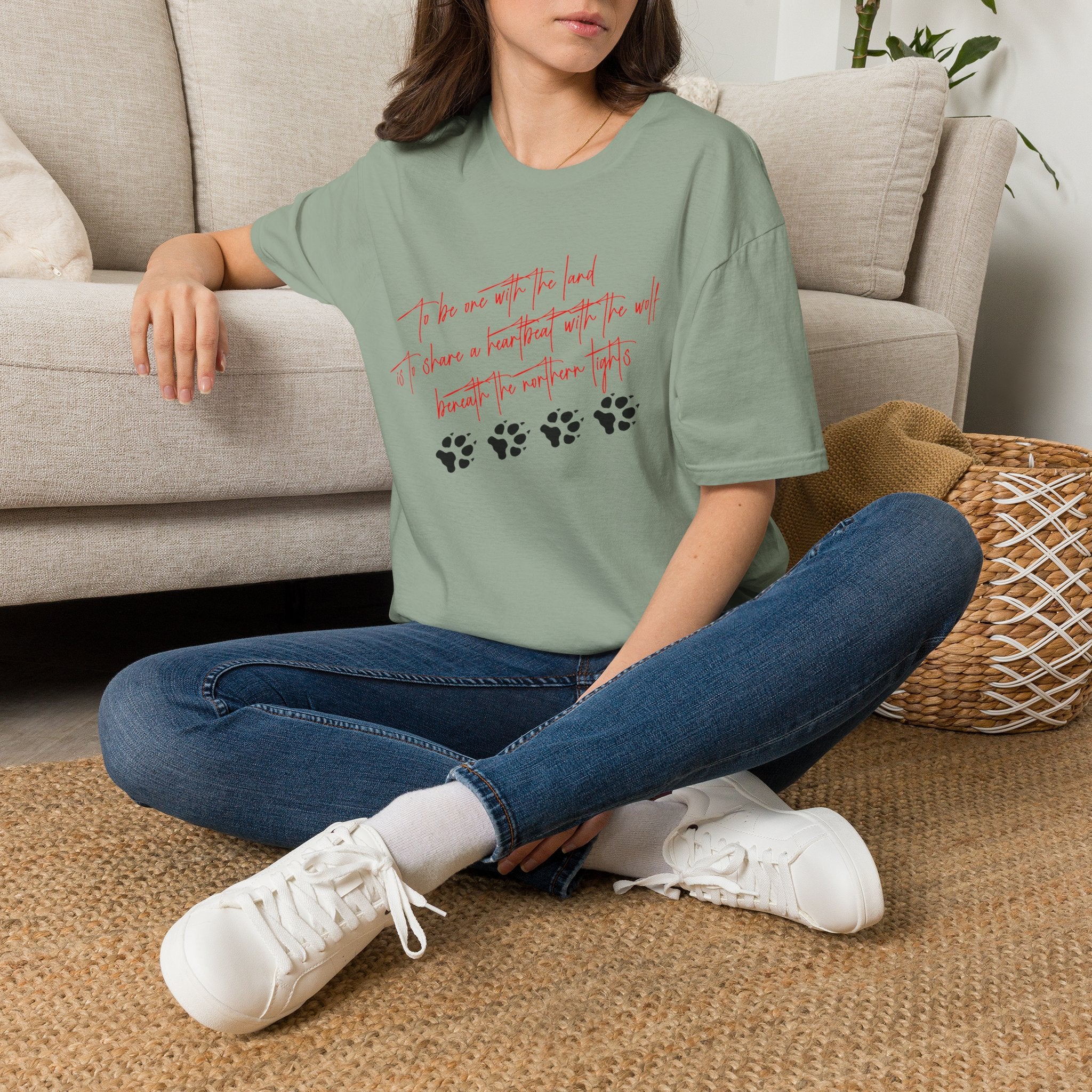 Wolf Paw Graphic T-Shirt — "To Be One with the Land" Script Tee