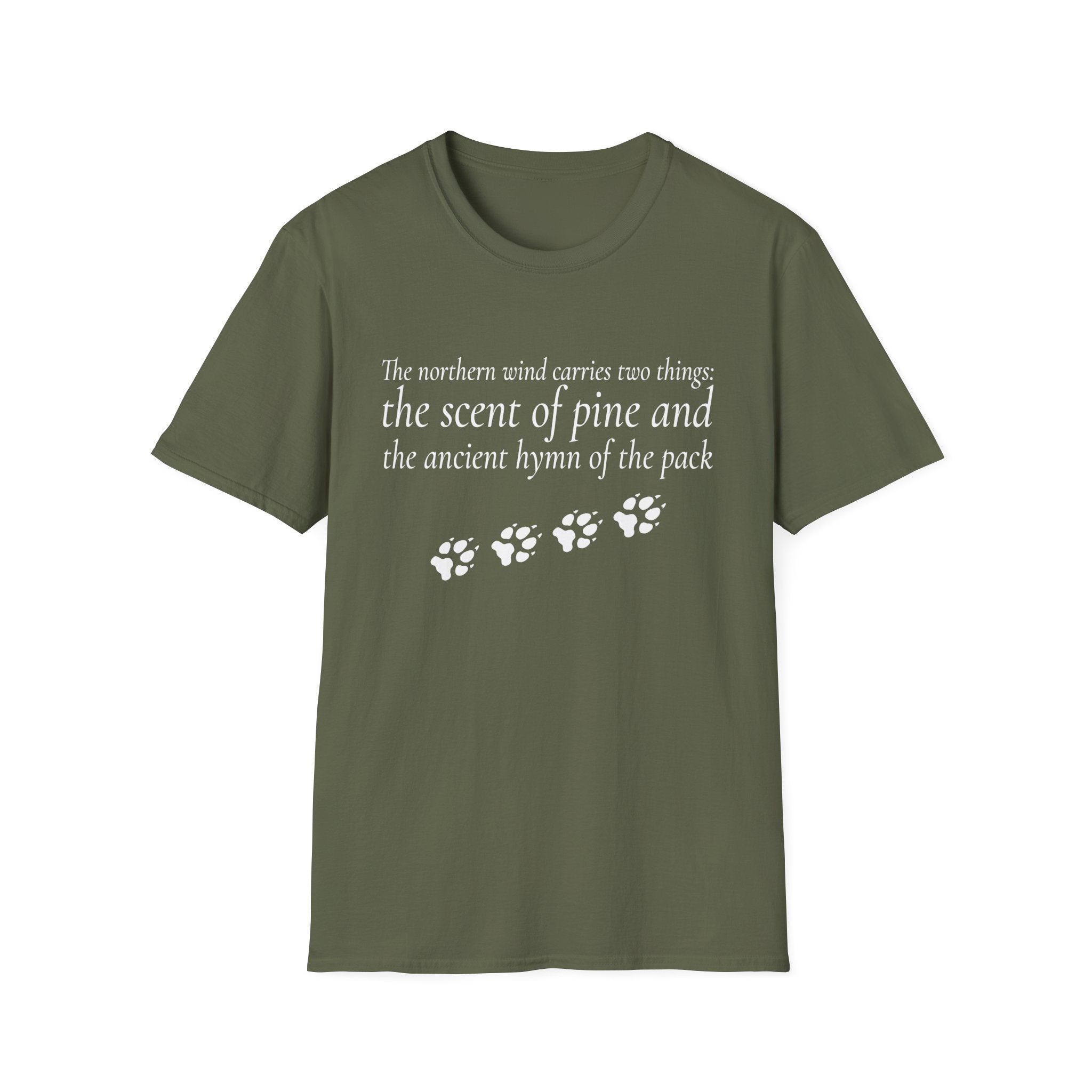 Pine & Pack Wolf Pack Tee — 'The northern wind carries two things' Paw Print Shirt