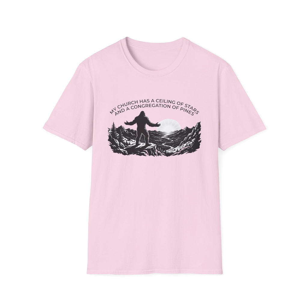 Bigfoot Outdoors Church T-Shirt — "My Church Has a Ceiling of Stars" Scenic Mountain Tee