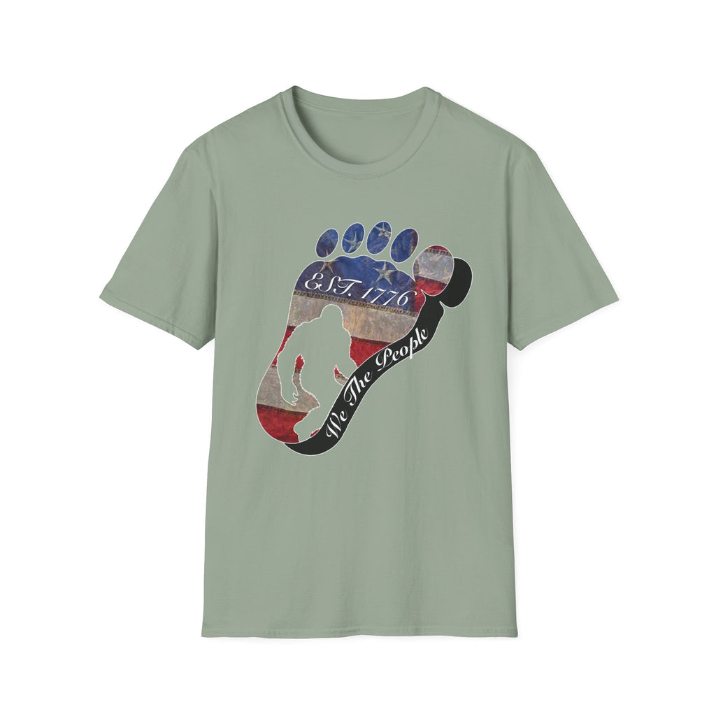 Going Norther Bigfoot T-Shirt — Footprint Silhouette with Distressed Flag "EST. 1776 - We The People"