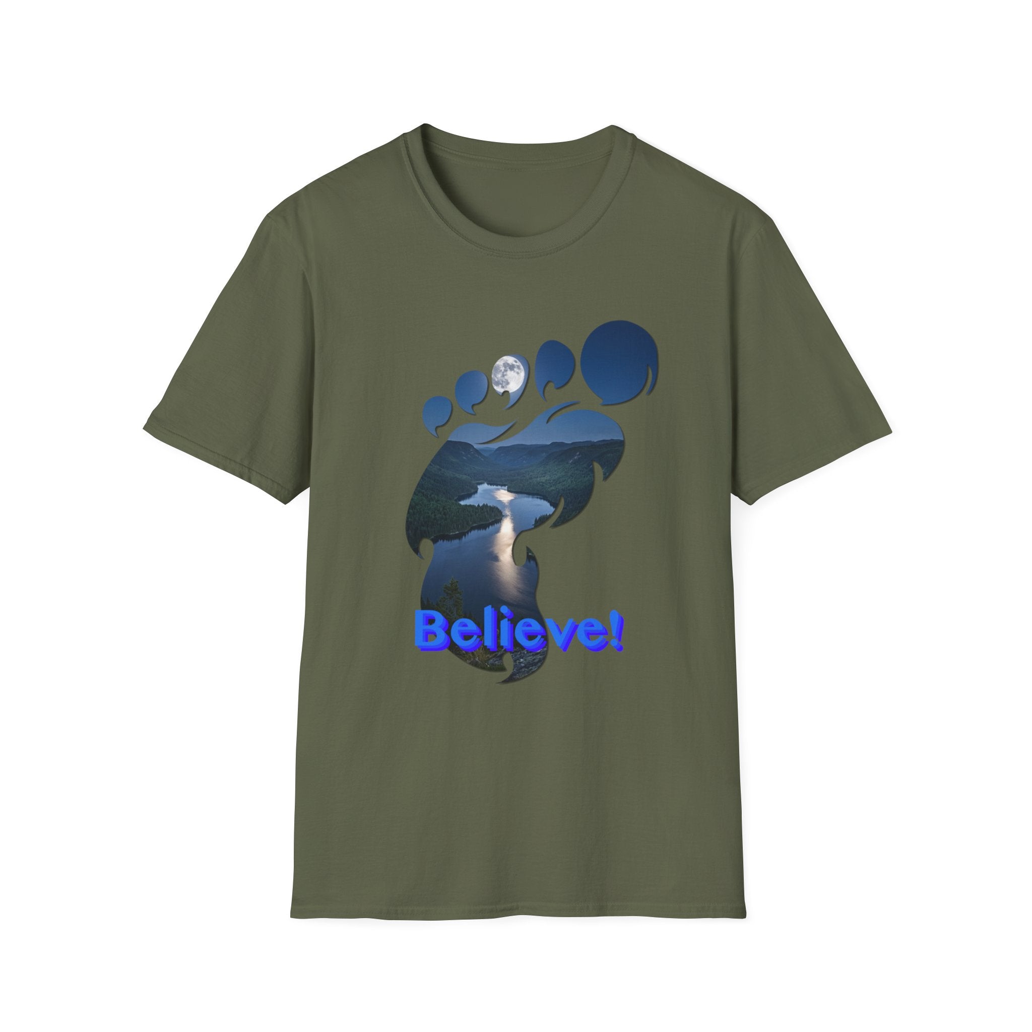 Bigfoot Footprint 'Believe!' Tee — Moonlit Northern Lake Graphic T-Shirt