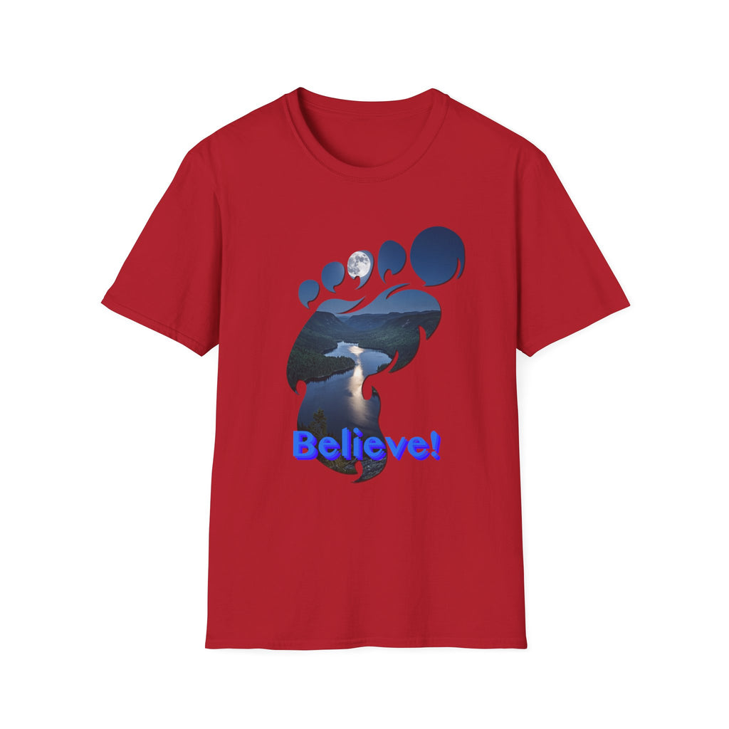 Bigfoot Footprint 'Believe!' Tee — Moonlit Northern Lake Graphic T-Shirt