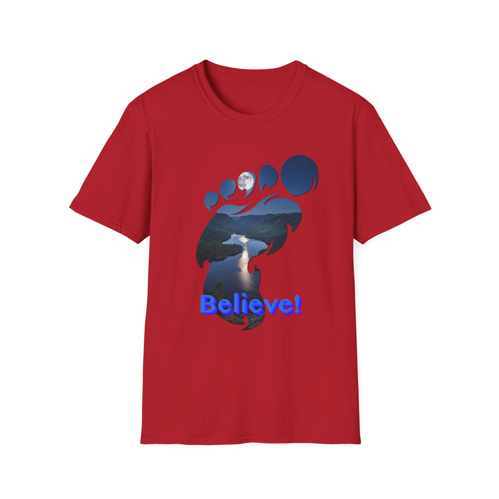 Bigfoot Footprint 'Believe!' Tee — Moonlit Northern Lake Graphic T-Shirt