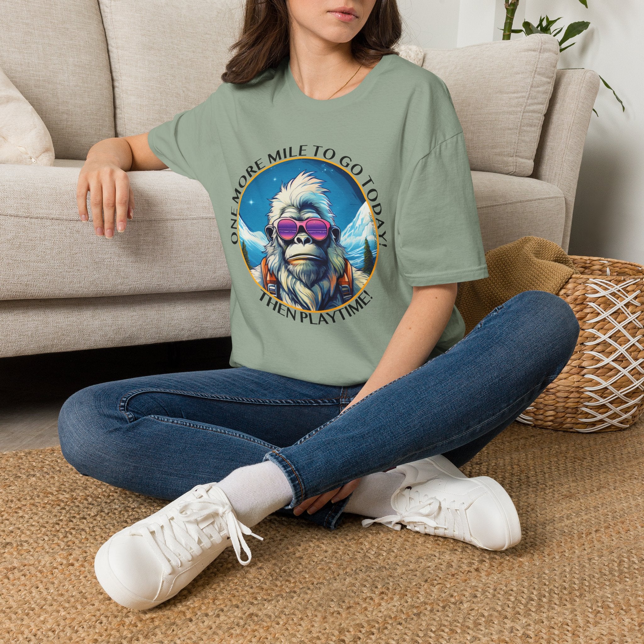 Bigfoot Hiking T-Shirt — "One More Mile To Go Today! - Then Playtime!"