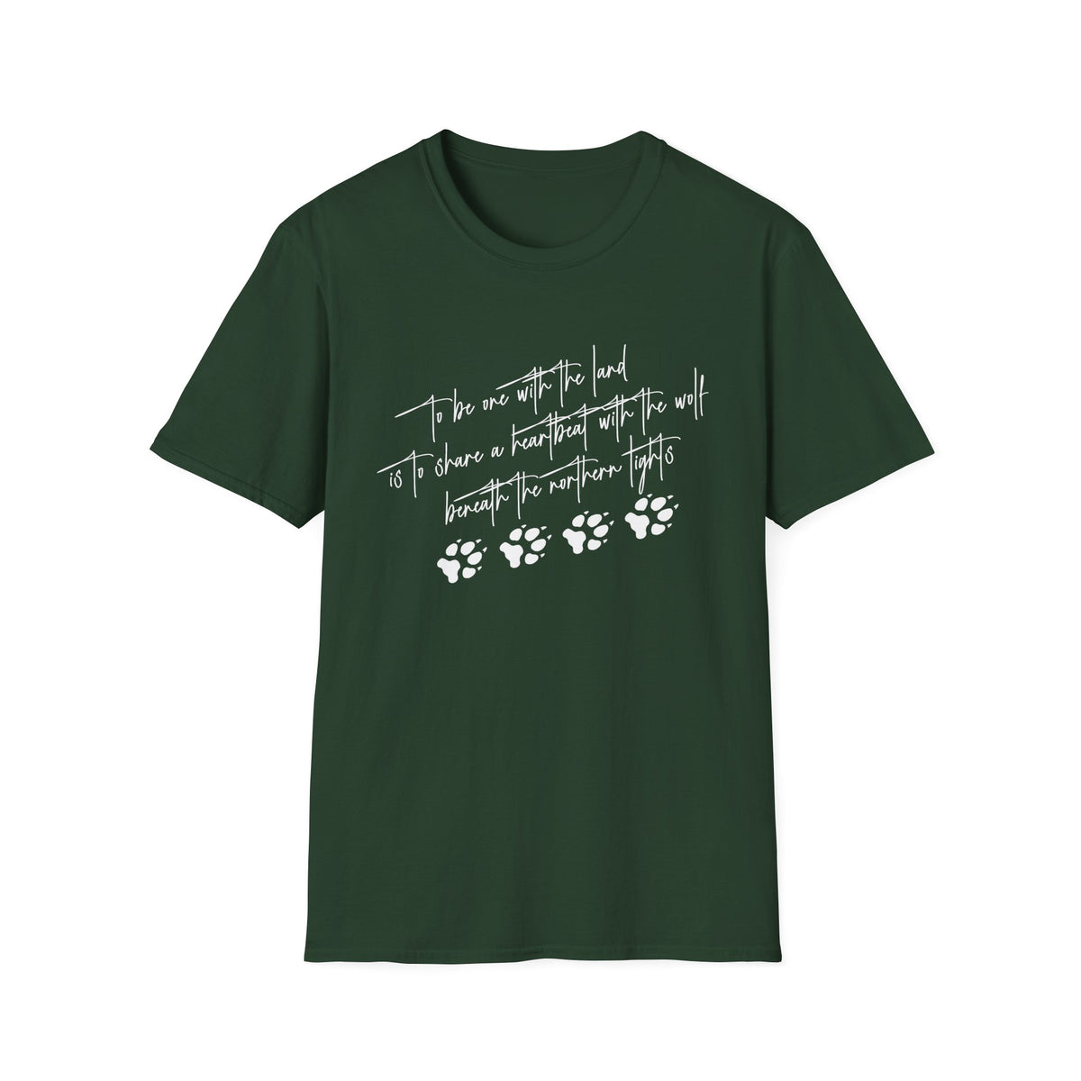 Wolf Paw Graphic T-Shirt — "To Be One with the Land" Script Tee
