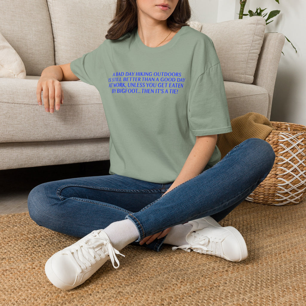 Funny Hiking T-Shirt - A Bad Day Outdoors vs. Bigfoot Tie