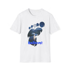 Bigfoot Footprint 'Believe!' Tee — Moonlit Northern Lake Graphic T-Shirt