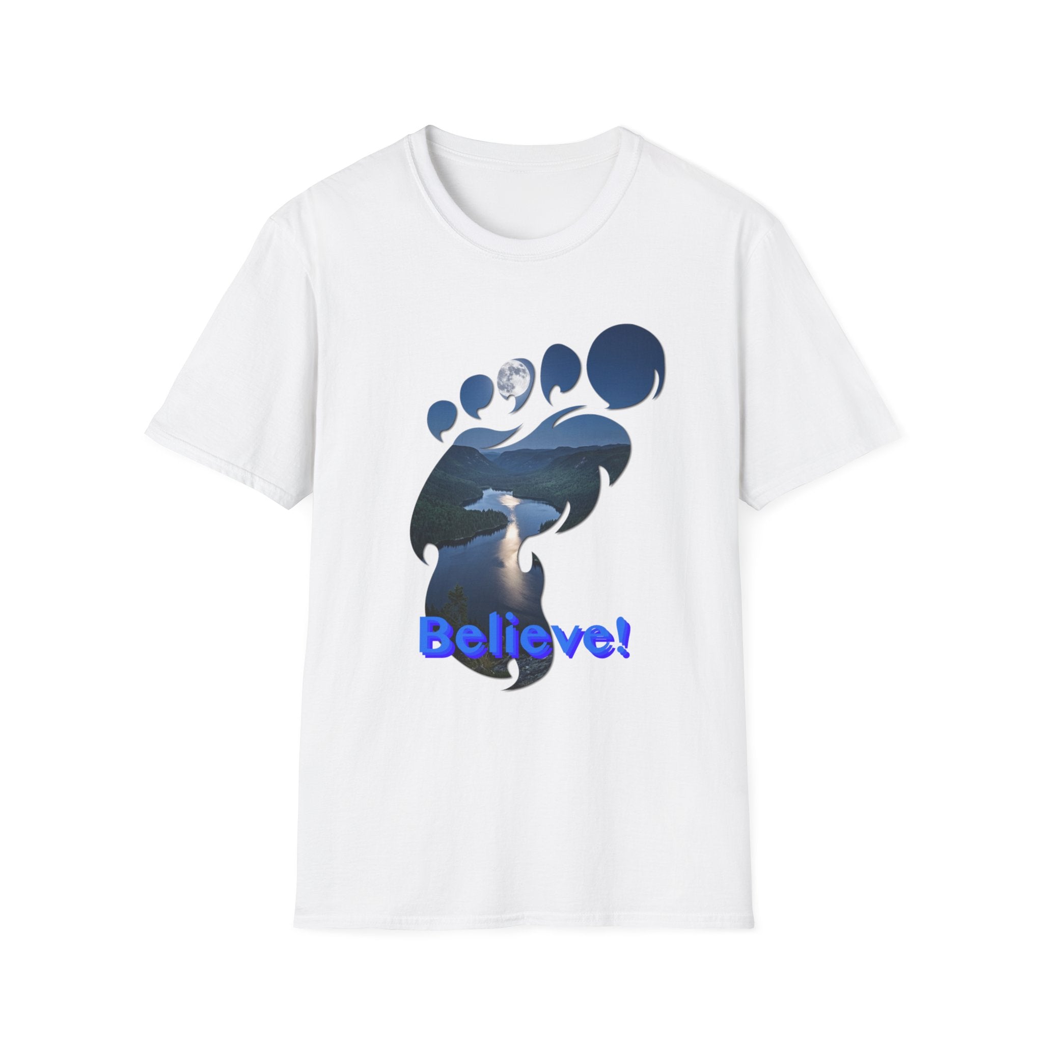 Bigfoot Footprint 'Believe!' Tee — Moonlit Northern Lake Graphic T-Shirt
