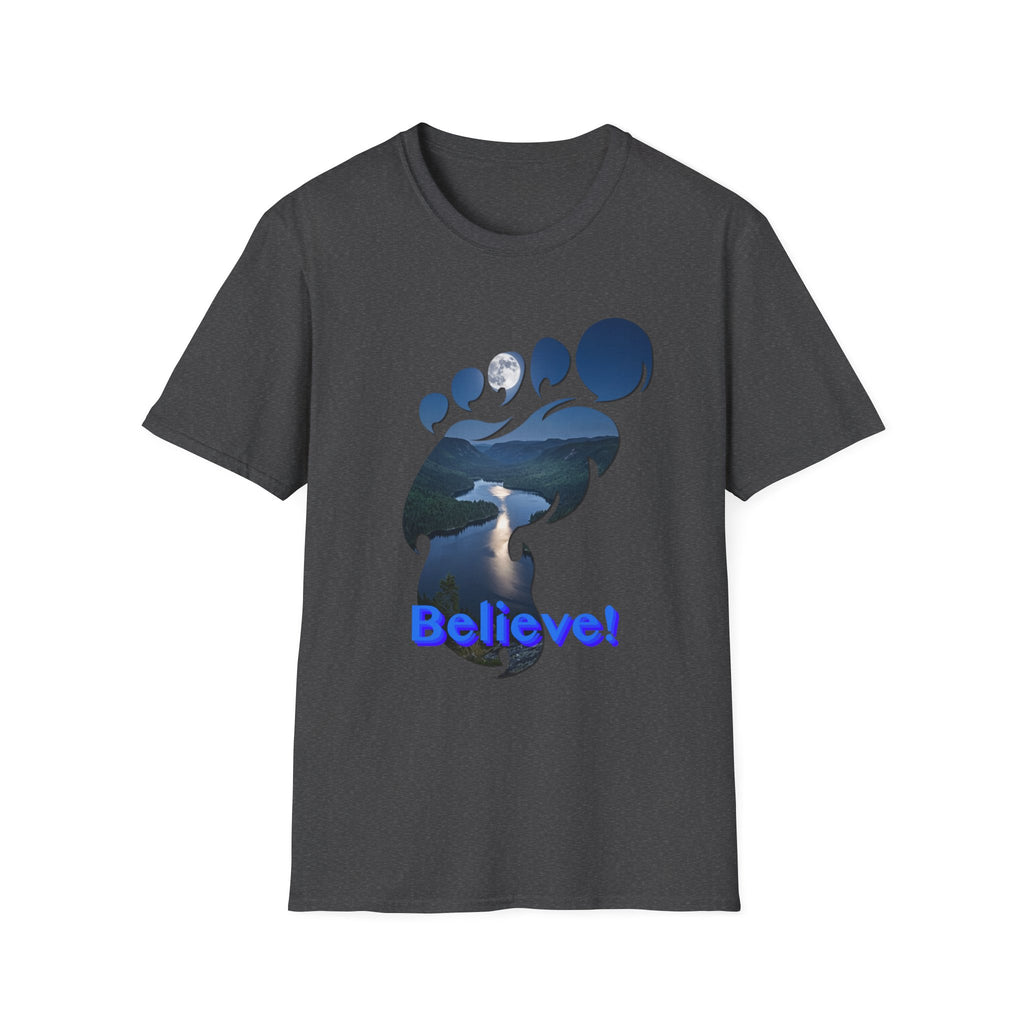Bigfoot Footprint 'Believe!' Tee — Moonlit Northern Lake Graphic T-Shirt