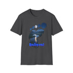 Bigfoot Footprint 'Believe!' Tee — Moonlit Northern Lake Graphic T-Shirt
