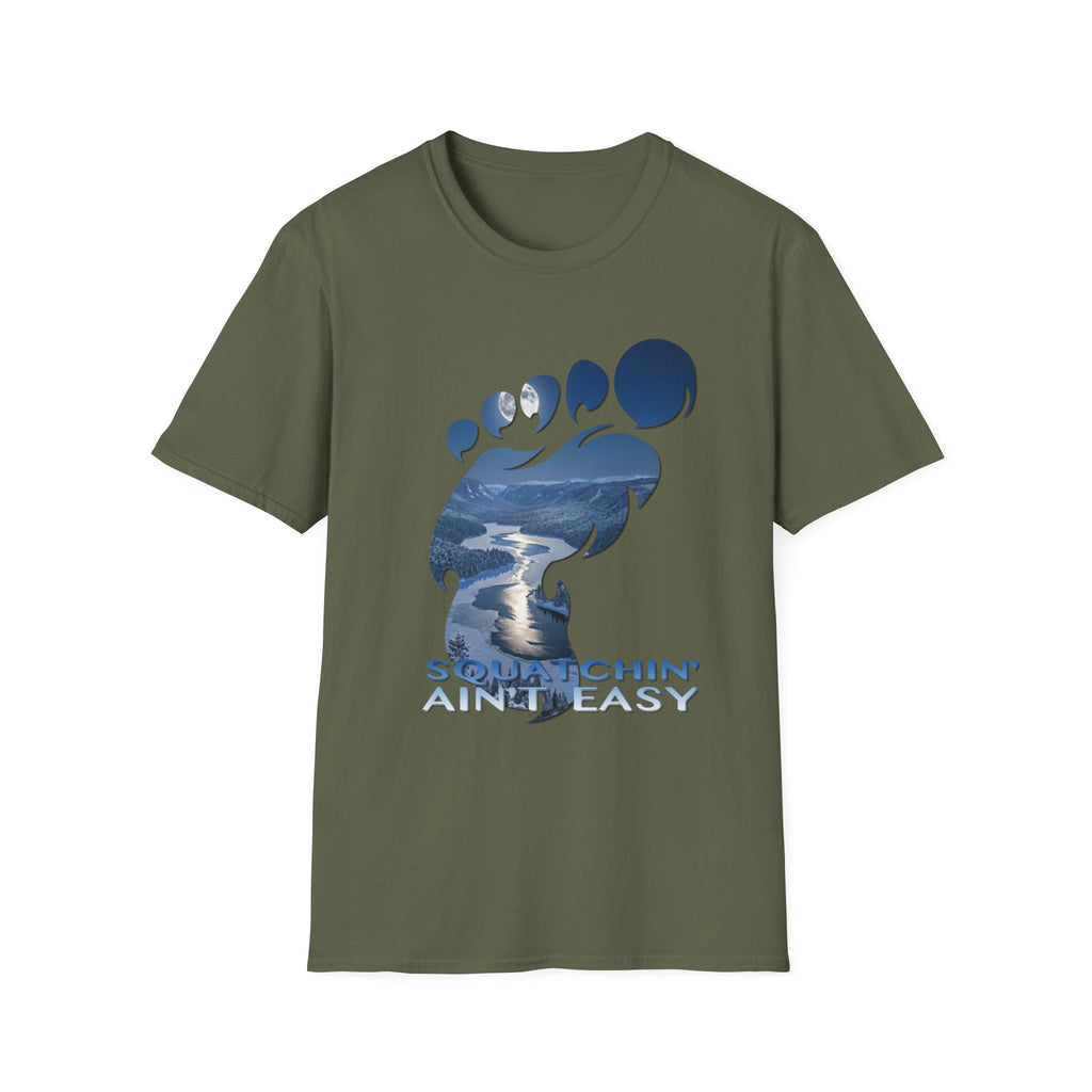 Bigfoot 'Squatchin' Ain't Easy' T-Shirt — Moonlit Winter Lake Sasquatch Tee