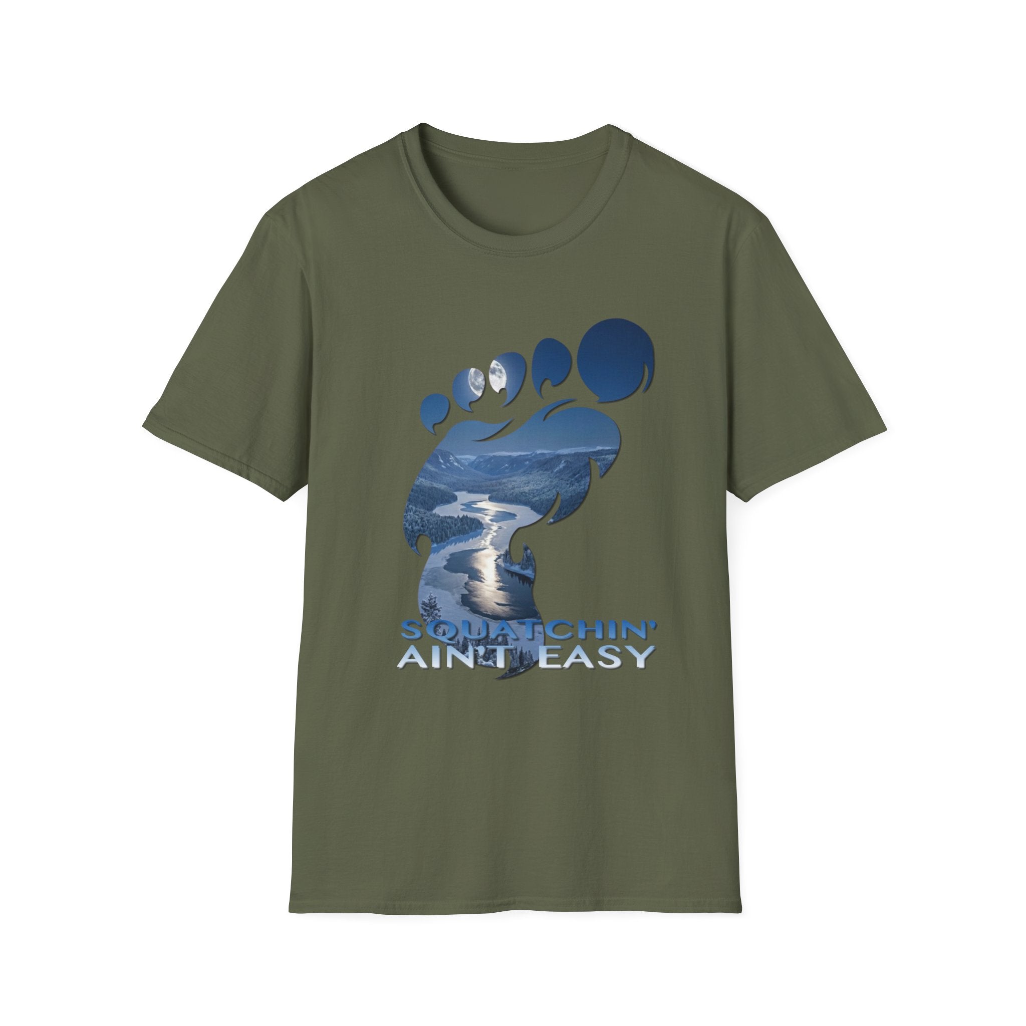 Bigfoot 'Squatchin' Ain't Easy' T-Shirt — Moonlit Winter Lake Sasquatch Tee
