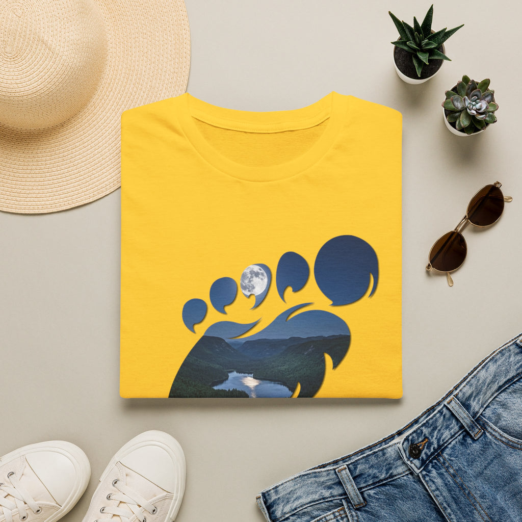 Bigfoot Footprint 'Believe!' Tee — Moonlit Northern Lake Graphic T-Shirt