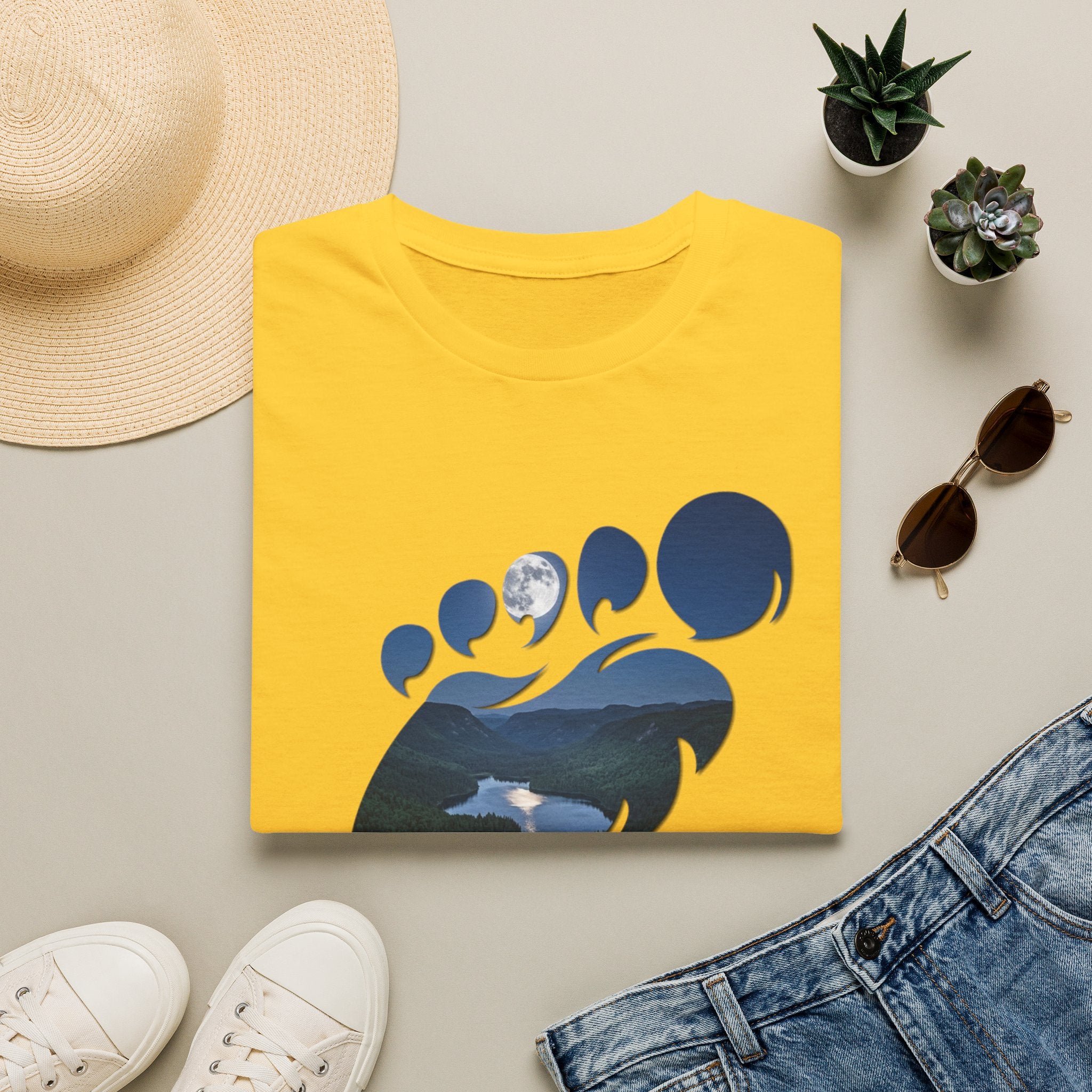 Bigfoot Footprint 'Believe!' Tee — Moonlit Northern Lake Graphic T-Shirt