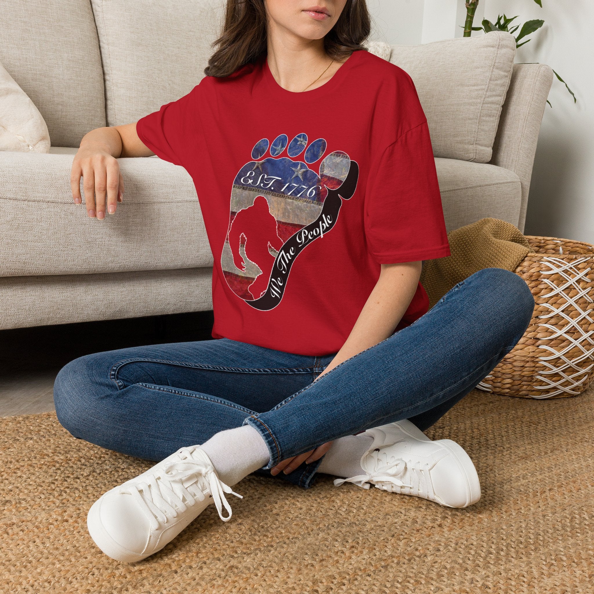 Going Norther Bigfoot T-Shirt — Footprint Silhouette with Distressed Flag "EST. 1776 - We The People"