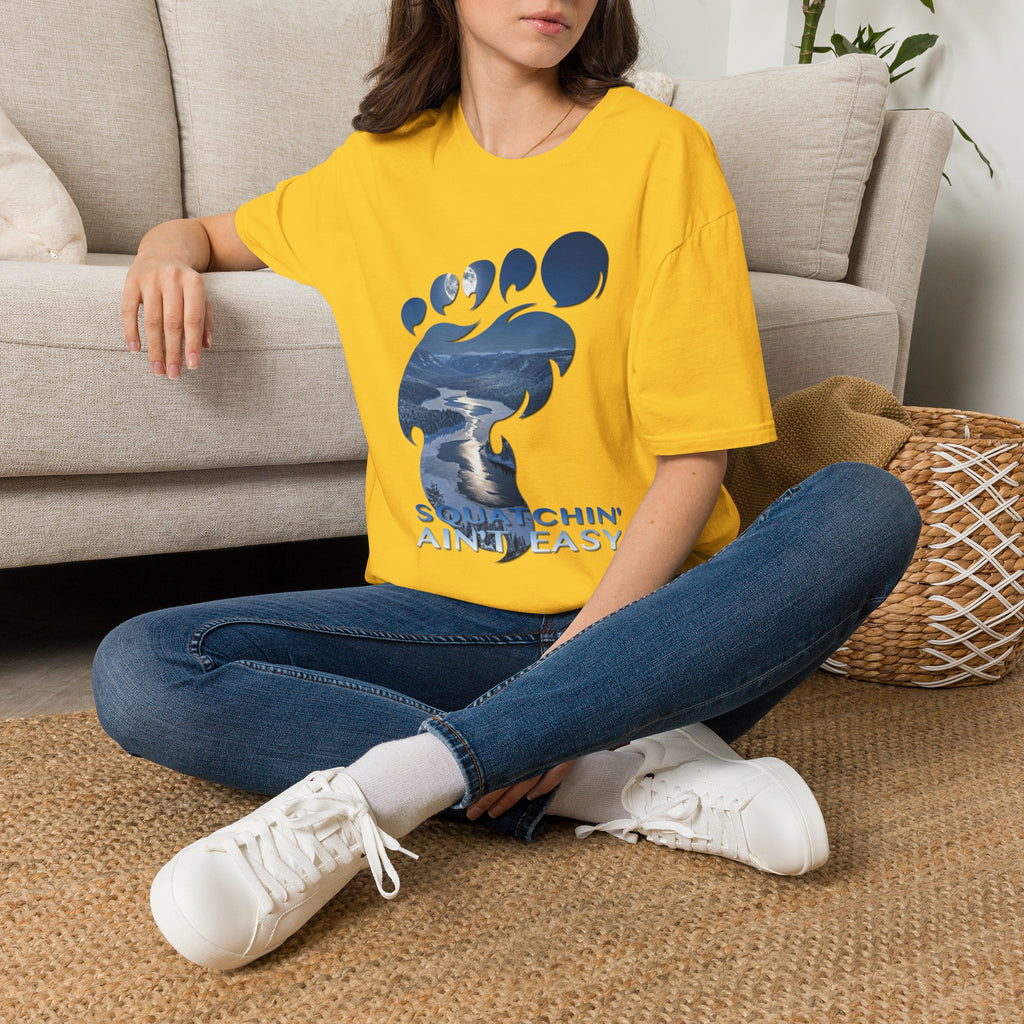 Bigfoot 'Squatchin' Ain't Easy' T-Shirt — Moonlit Winter Lake Sasquatch Tee
