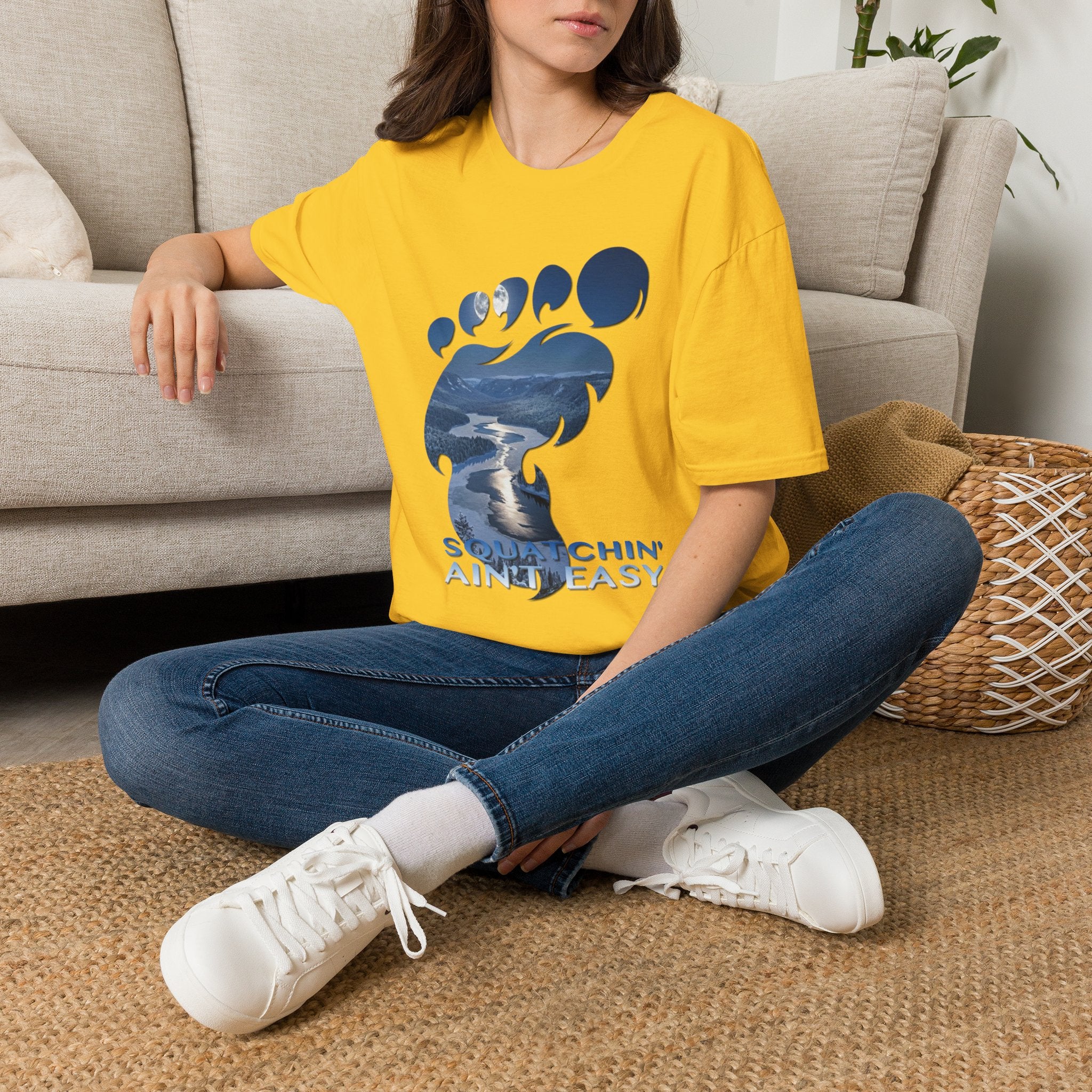 Bigfoot 'Squatchin' Ain't Easy' T-Shirt — Moonlit Winter Lake Sasquatch Tee