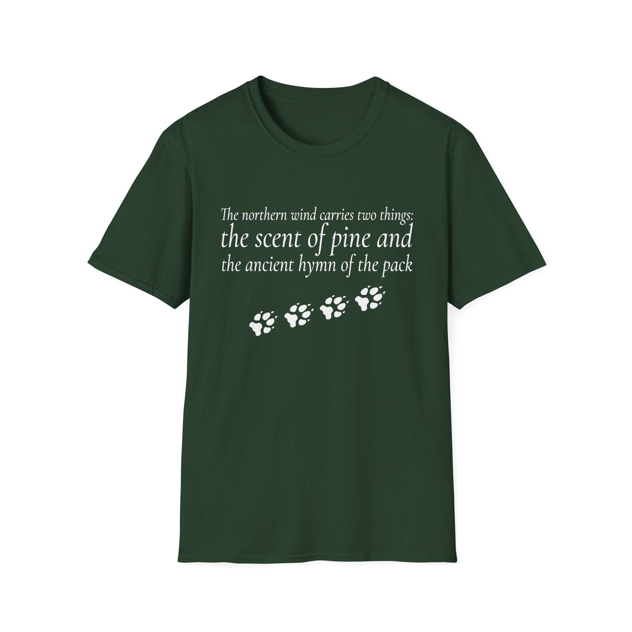 Pine & Pack Wolf Pack Tee — 'The northern wind carries two things' Paw Print Shirt