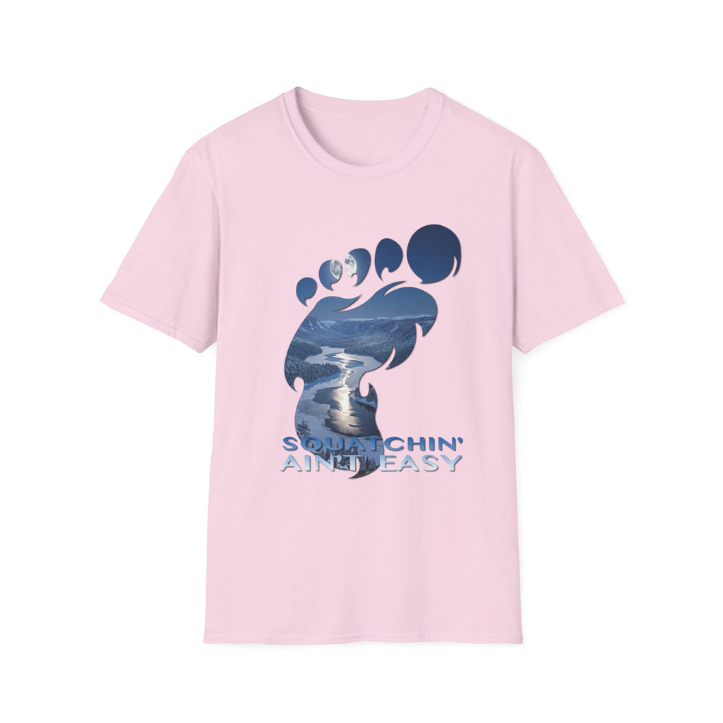 Bigfoot 'Squatchin' Ain't Easy' T-Shirt — Moonlit Winter Lake Sasquatch Tee